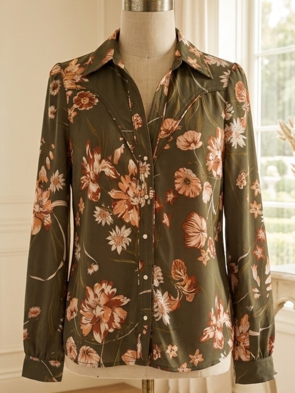 Current Air| Olive, Orange & Brown Button-Down Western Trim Top w/Snaps Sz M